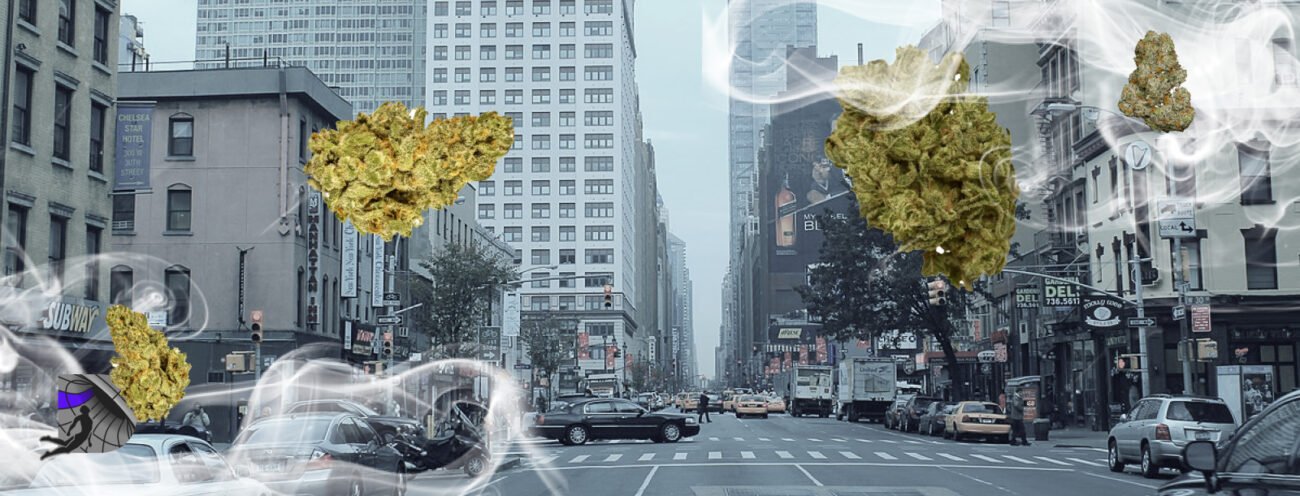 Manhattan street view with cannabis flower buds and smoke effects