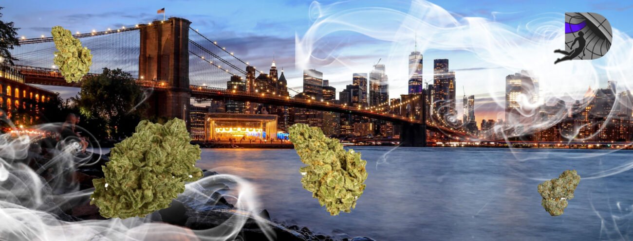 Brooklyn Bridge at night with floating cannabis buds and smoke effects.
