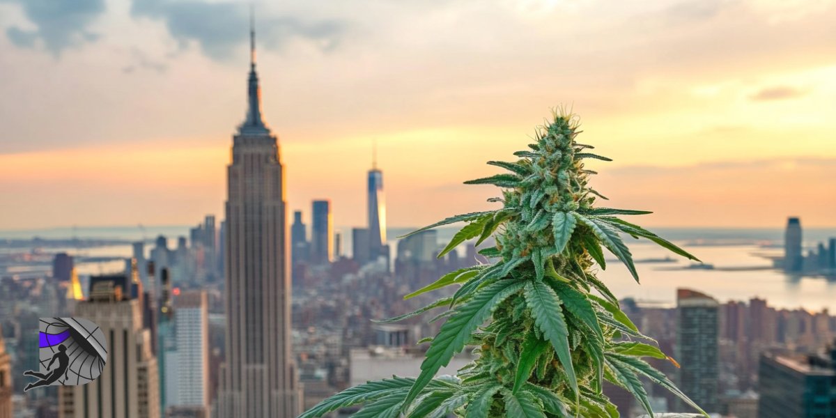 A detailed cannabis plant in full flower stands prominently in the foreground against a blurred Manhattan skyline at sunset.