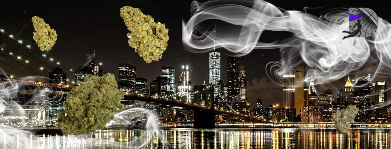 Transparent, floating cannabis buds and white swirling smoke over the New York City skyline at night, with the Brooklyn Bridge and skyscrapers reflecting in the water.