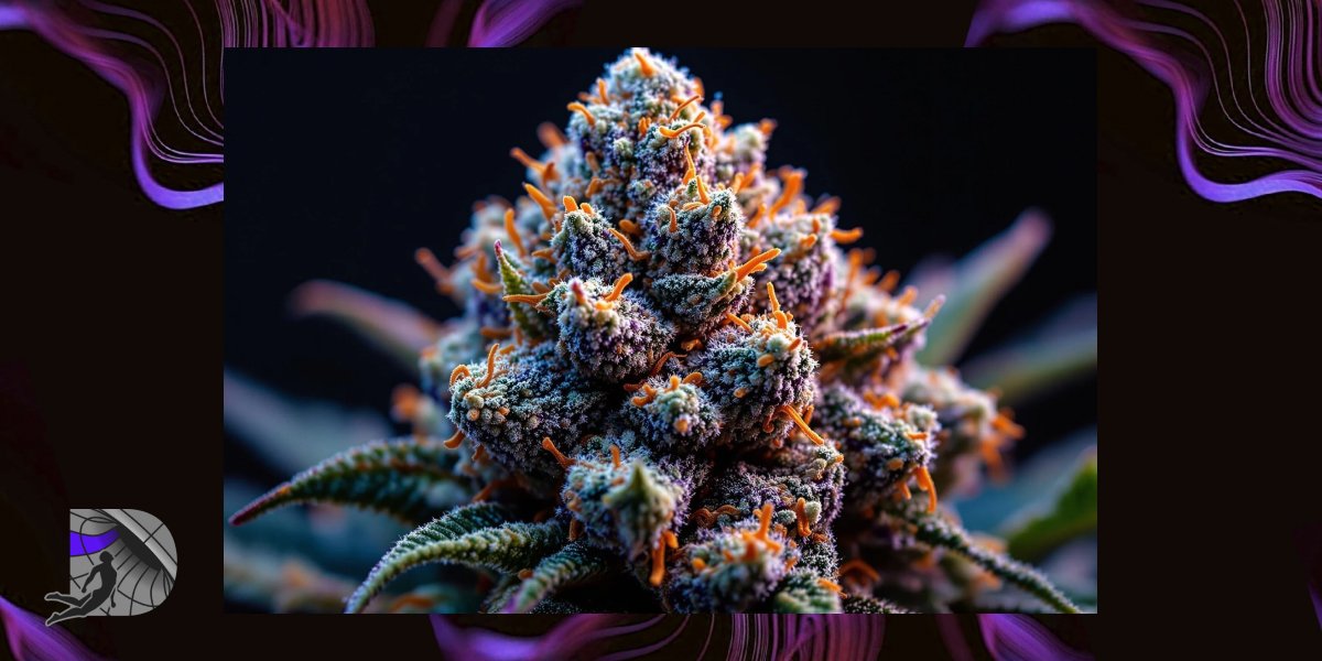Extreme close-up of a purple and green cannabis cola with trichomes