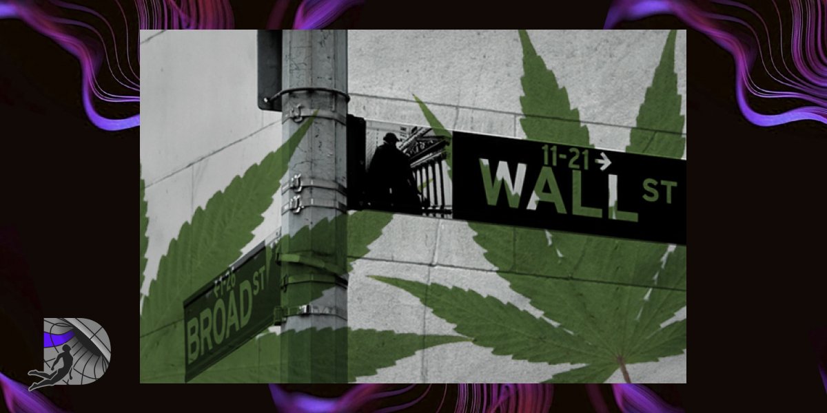 Close-up of black Wall St and Broad St street signs on a metal pole, superimposed with a large, translucent green cannabis leaf, set against a concrete building.