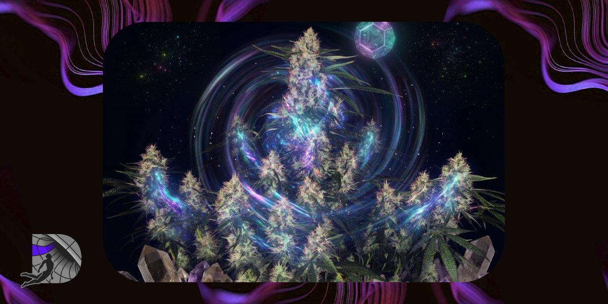 Cosmic art style visualization of Amnesia Kush terpene matrix and resin network