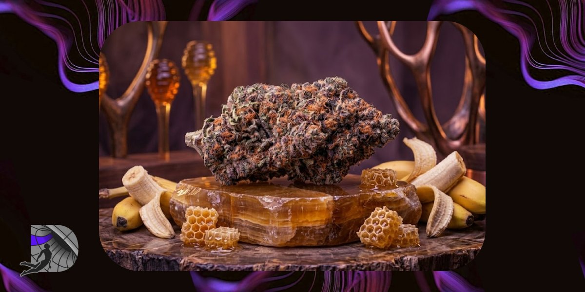 A large purple cannabis bud resting on a polished amber stone surrounded by raw honeycombs and bananas.