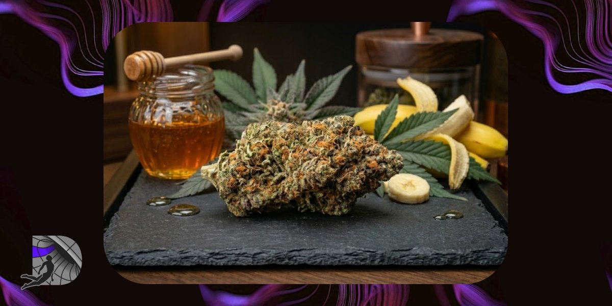 A trimmed cannabis bud surrounded by a jar of honey, a dipper, and peeled bananas on slate.
