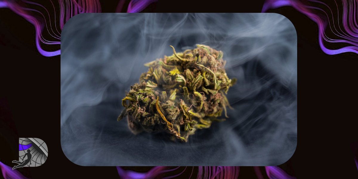 A cured cannabis flower bud surrounded by wisps of white smoke on a dark background.