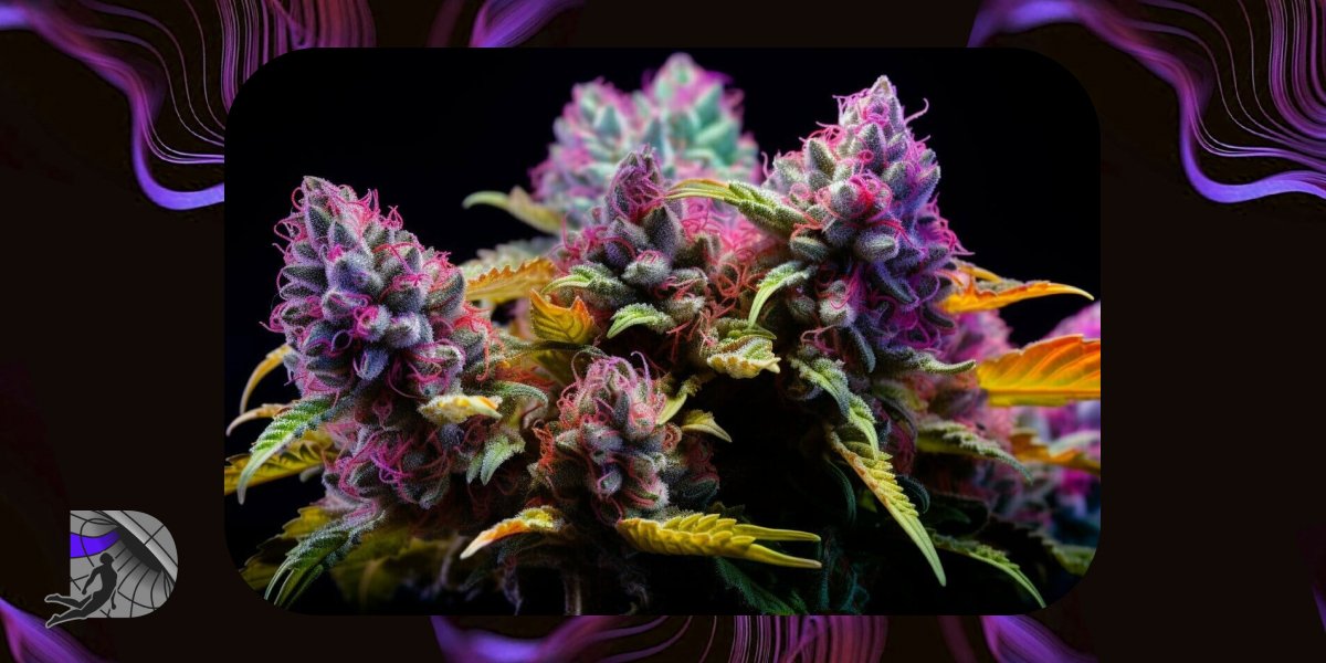 Close-up of multiple cannabis flowering sites with frosty purple and green leaves.