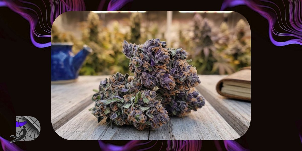 Harvested and dried purple cannabis buds resting on a wooden surface with a garden background.