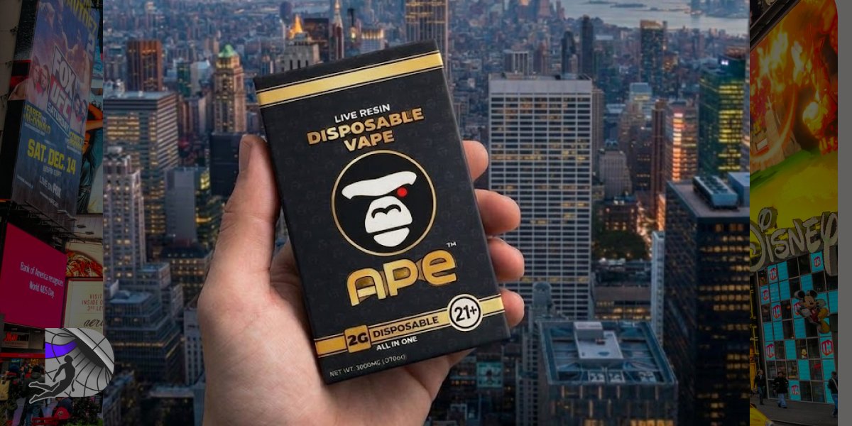 Ape Live Resin Disposable Vape packaging with technical features and product specifications infograph