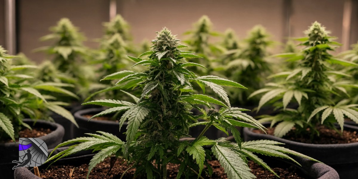 Healthy green cannabis plants growing under warm full spectrum LED lights inside a boutique indoor craft cultivation facility.