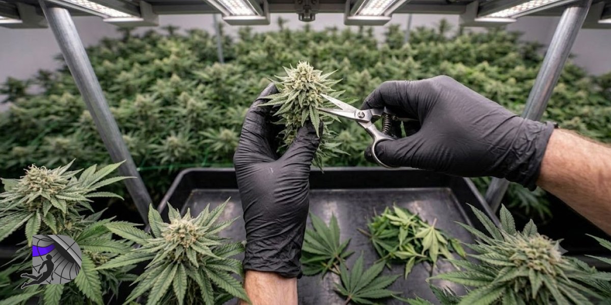 Grower trimming premium cannabis buds by hand in an indoor cultivation facility.