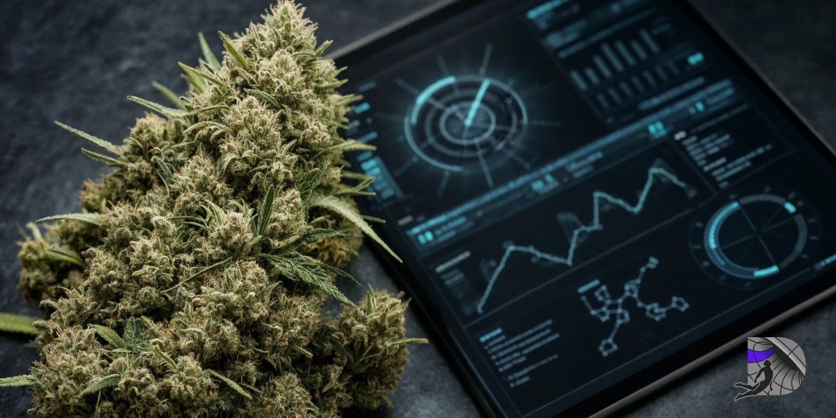 Close-up macro view of a dense cannabis flower bud next to a digital tablet displaying chemical analysis graphs.