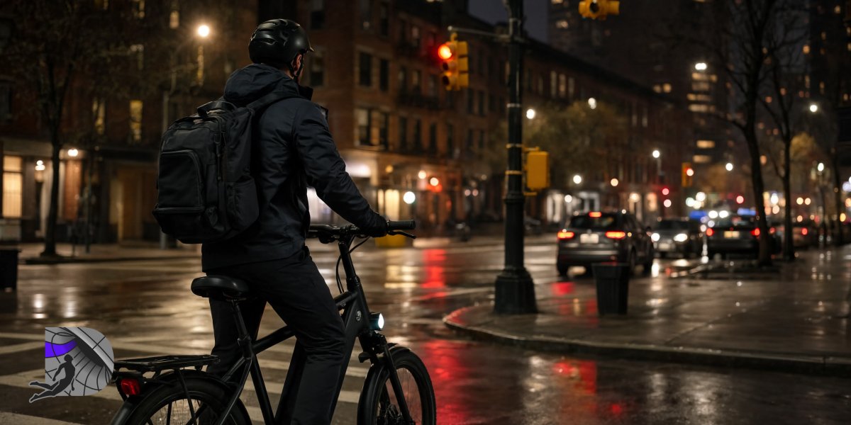 A professional courier on a black electric bicycle riding through a Park Slope Brooklyn street at night with a discreet backpack.