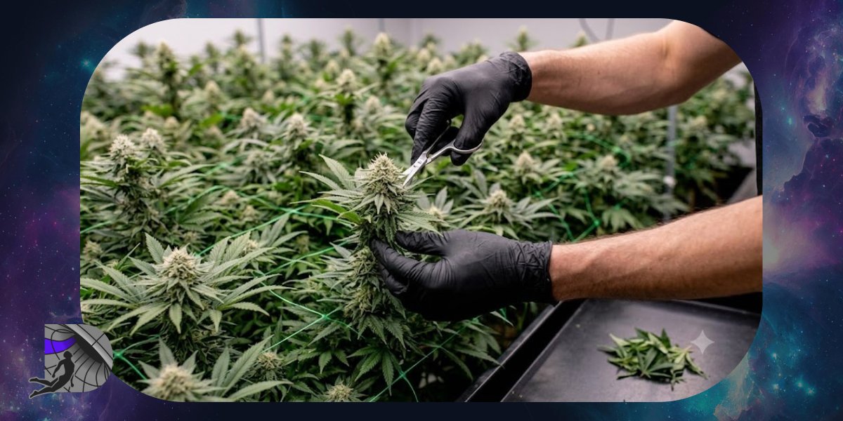 Professional grower trimming mature cannabis plants inside a modern indoor cultivation facility.