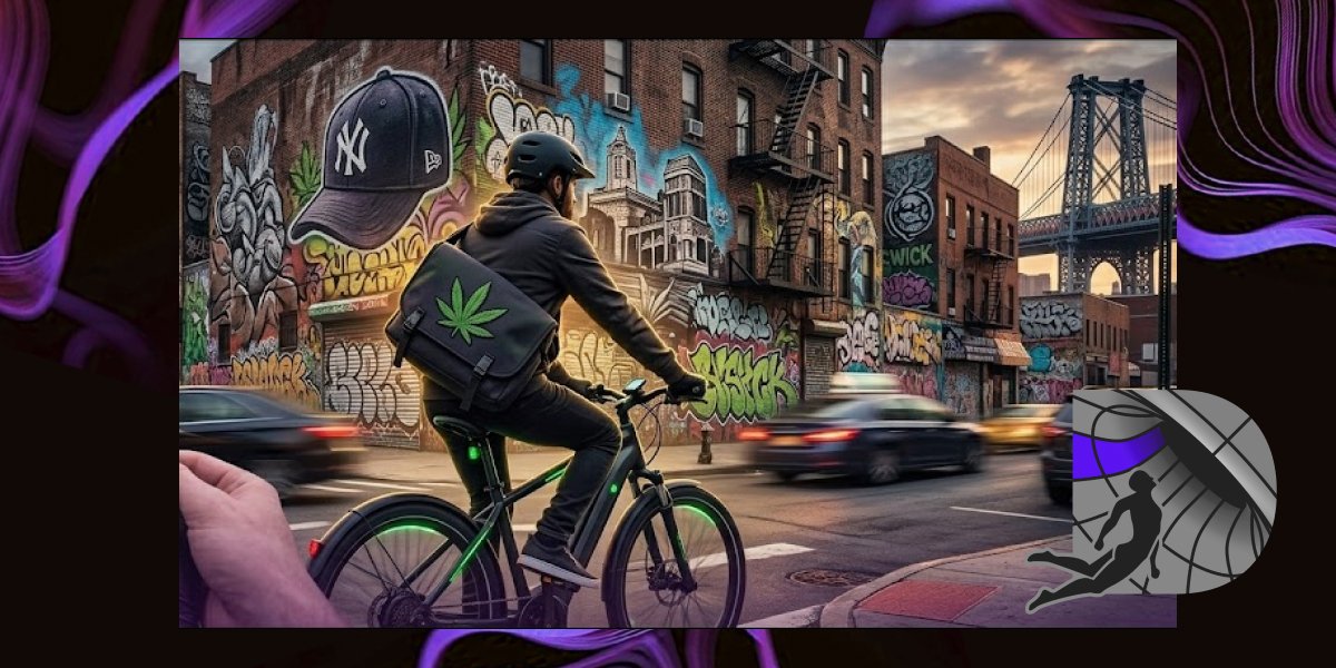 Courier on an e-bike delivering medical cannabis in Brooklyn with graffiti background.