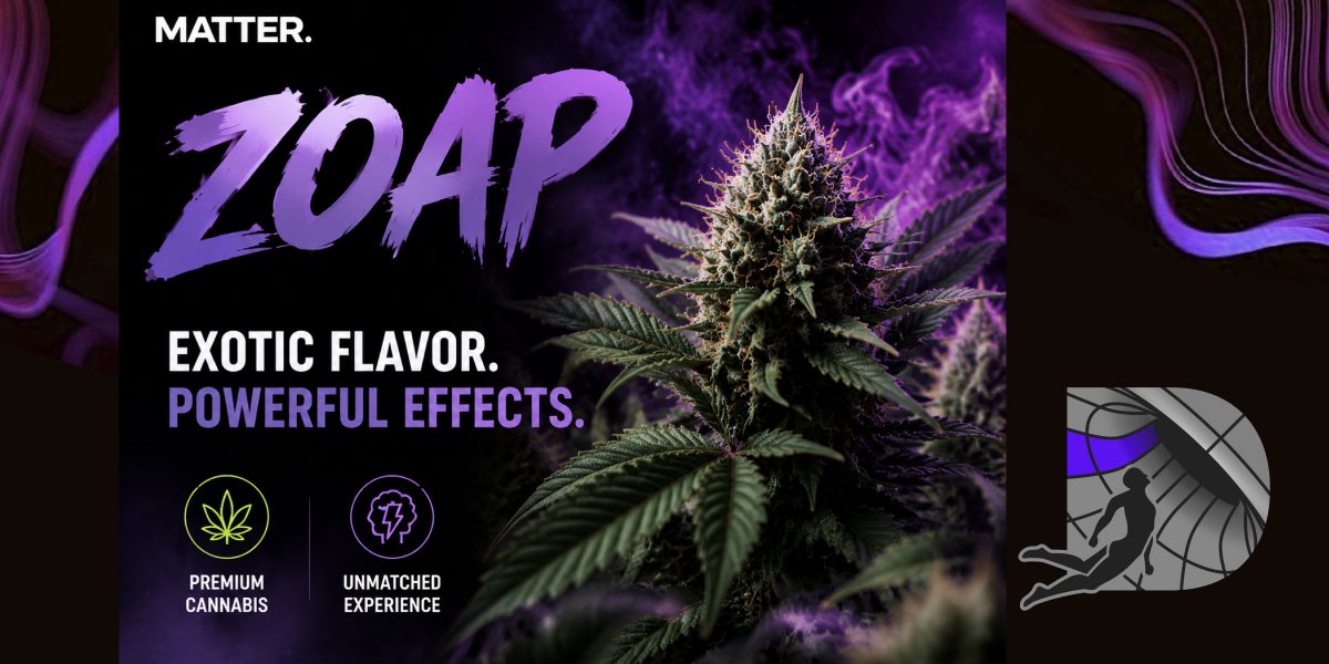 A mature Matter Zoap cannabis bud surrounded by vibrant purple smoke accents and premium cannabis branding