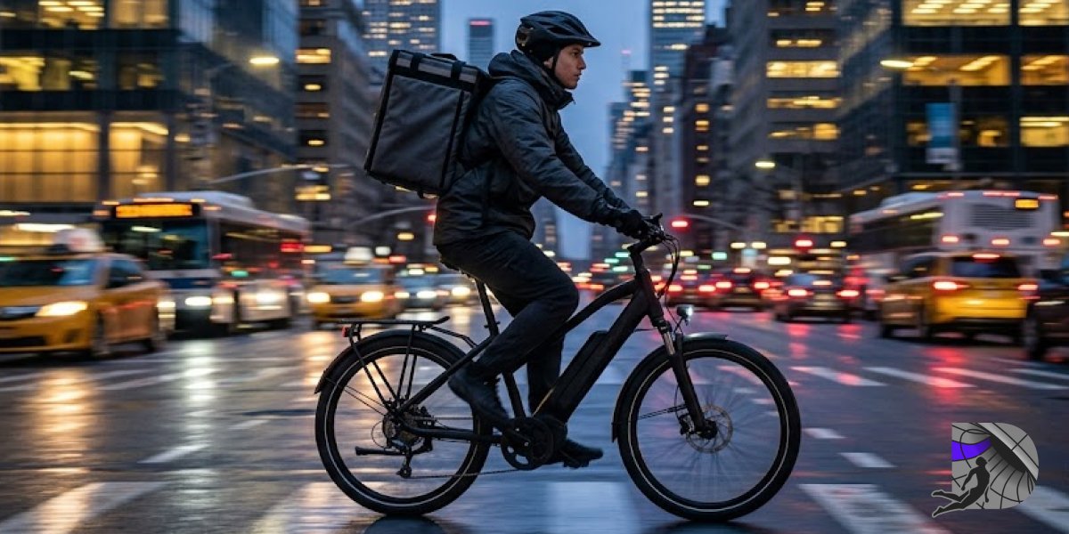 A professional delivery courier riding an electric bicycle down a busy Manhattan avenue at dusk with a large insulated backpack.