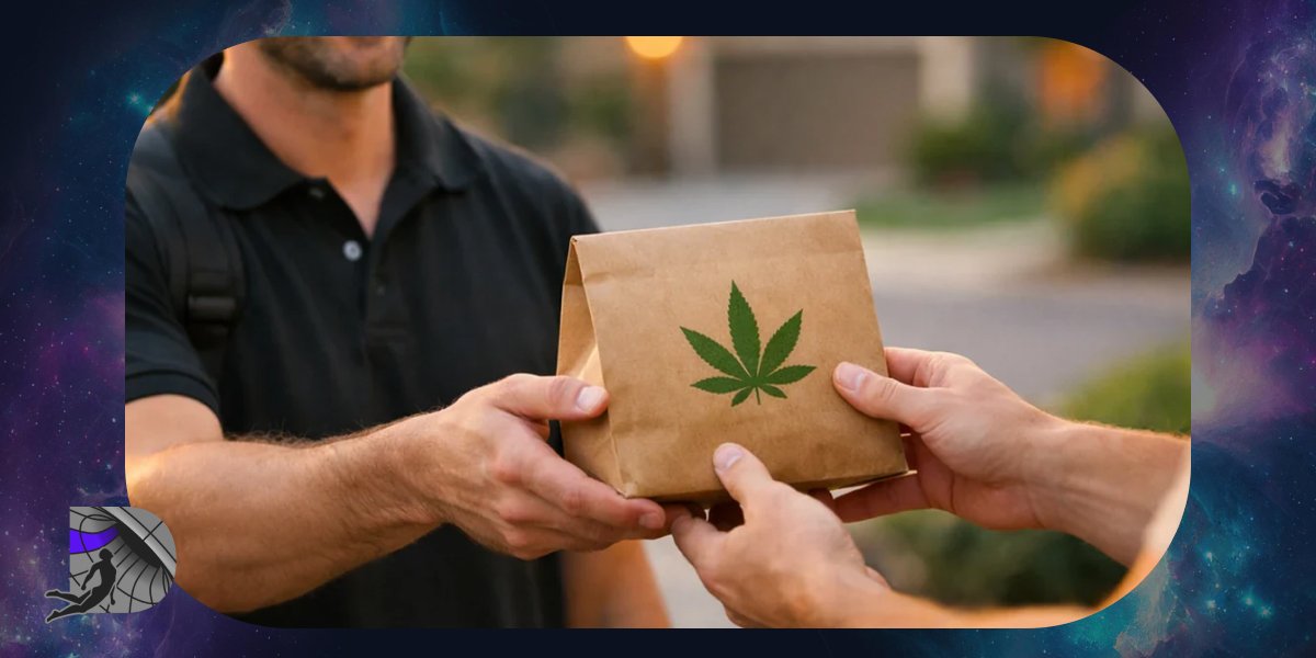 Courier handing over a brown paper bag with a green cannabis leaf icon to a customer