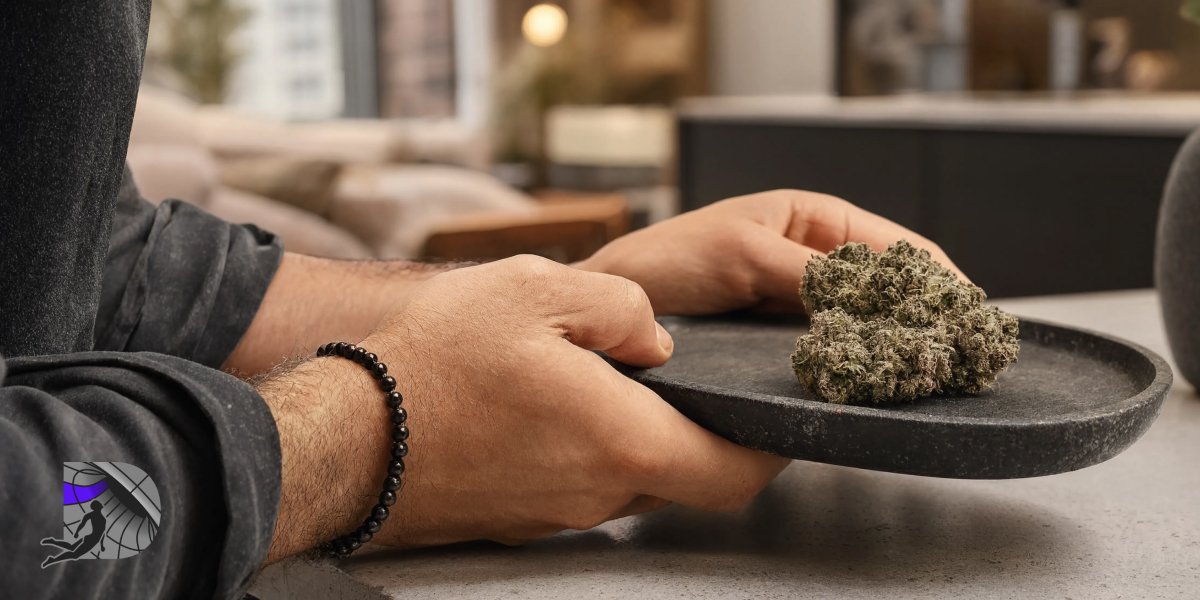 Close up of a person holding a black ceramic tray with a premium organic cannabis bud in a Park Slope apartment.