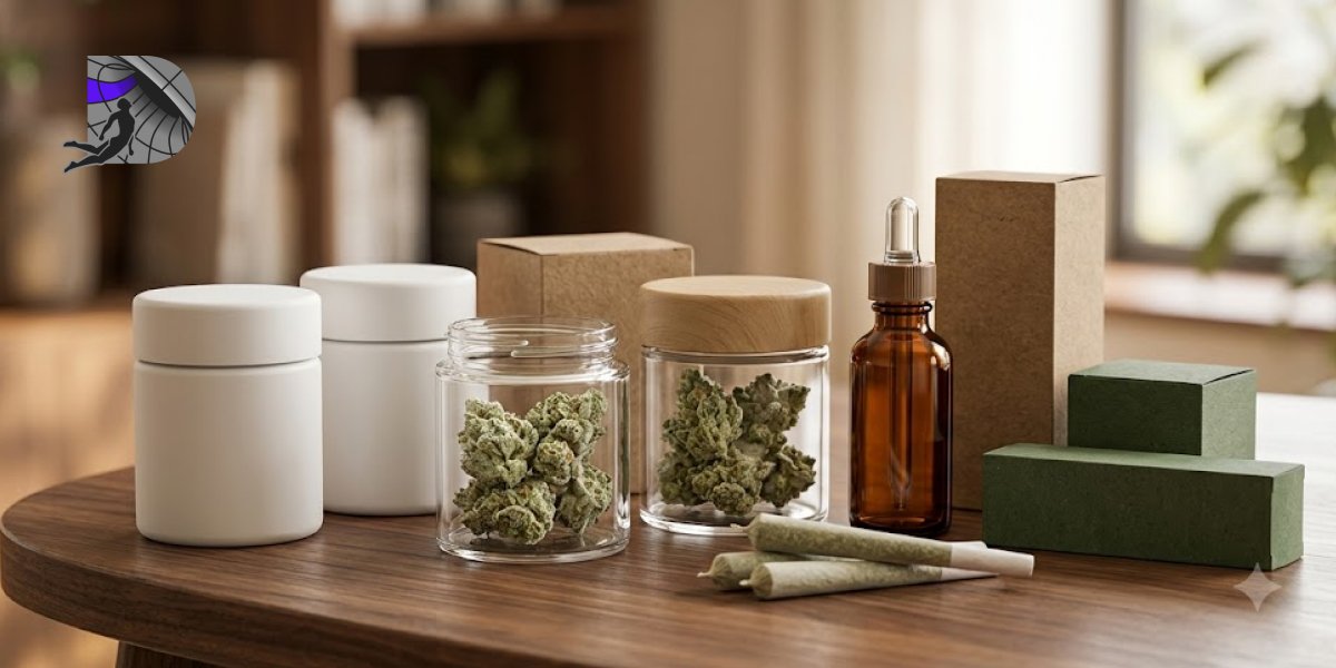 A curated arrangement of premium cannabis products, including glass jars with flower, an amber dropper bottle, and pre-rolls on a wooden table.