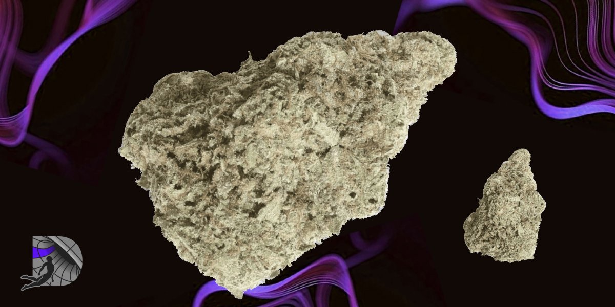 Close-up shot of top-shelf premium cannabis flower buds on a dark abstract background.