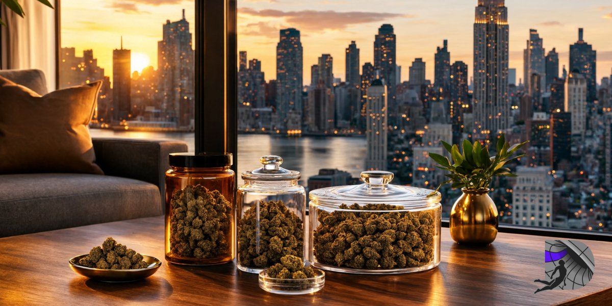 Glass jars filled with premium cannabis flower on a wooden table overlooking the Manhattan skyline at sunset