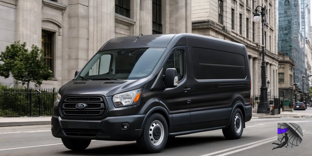Charcoal unmarked delivery van on city street