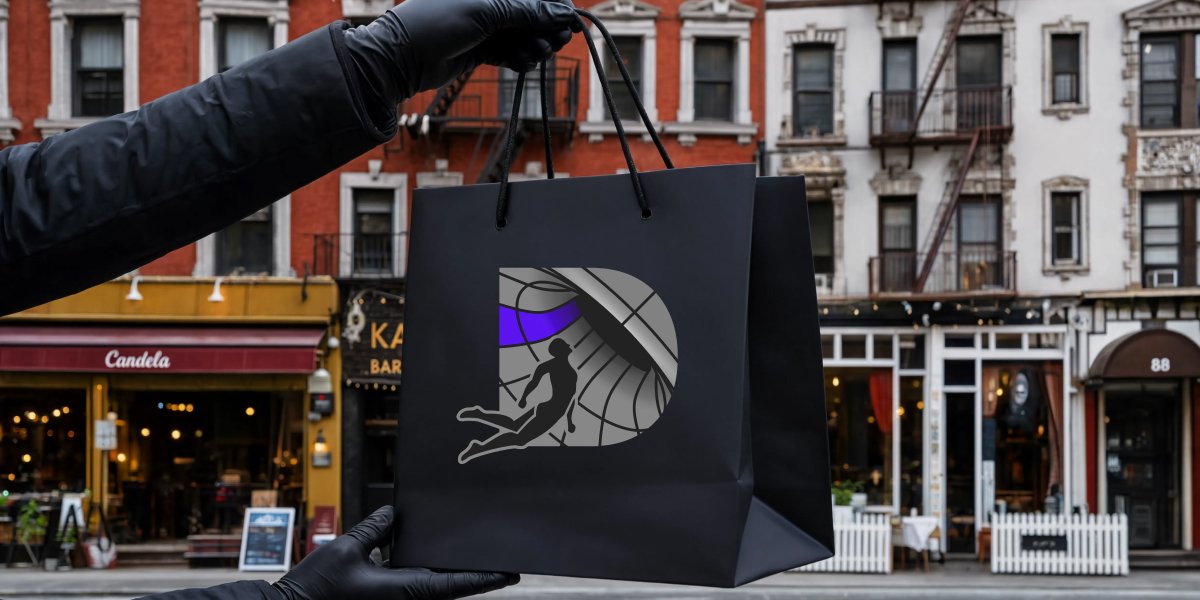 A courier in black lifestyle gloves holding a discreet matte black shopping bag featuring a large silver and purple New Dimension logo against a blurred city backdrop.