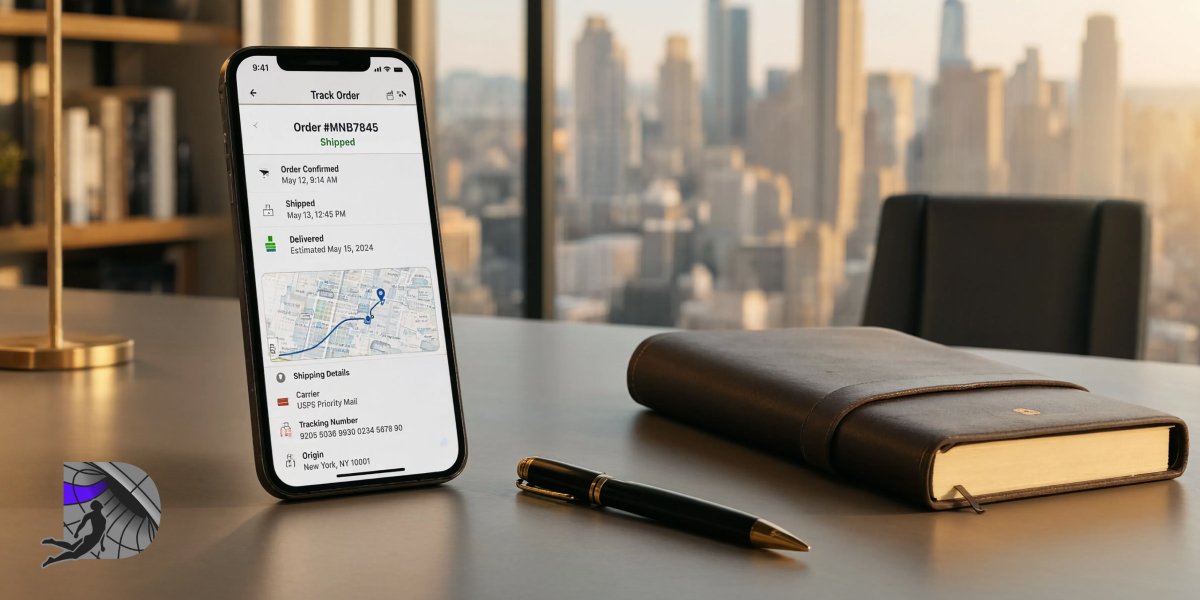 Smartphone displaying order tracking app in office setting