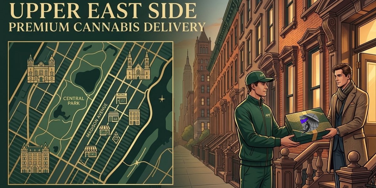 An illustration showing a stylized Manhattan map next to a courier delivering a luxury box to a resident