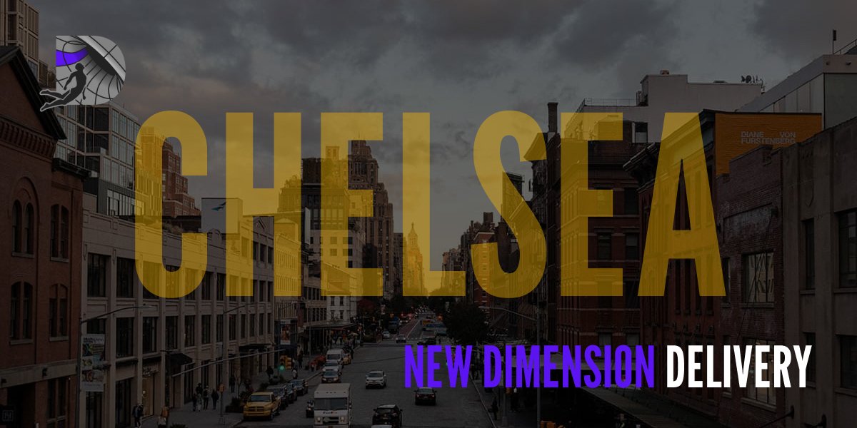 A high-angle street view of a Chelsea avenue in Manhattan with large gold overlay text reading CHELSEA.