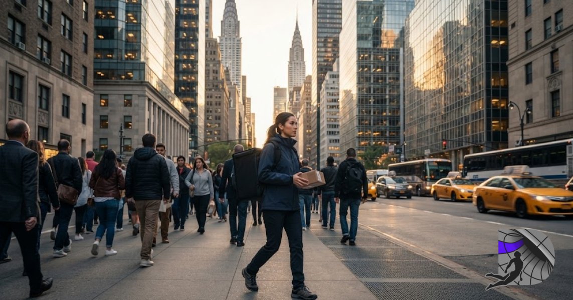 A professional courier carrying a delivery bag while walking through a crowded Midtown East intersection.