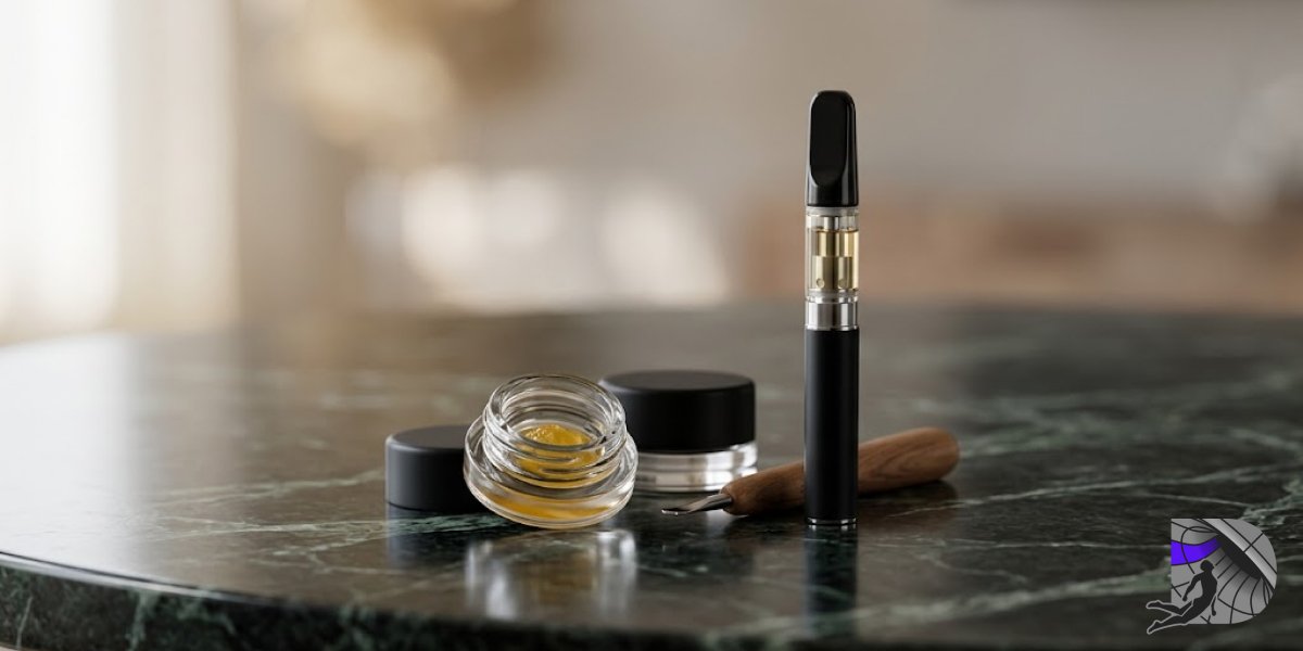 Glass container with concentrate and a vape pen cartridge on dark marble