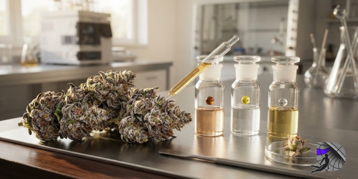 Cannabis flowers and extract vials in a testing laboratory