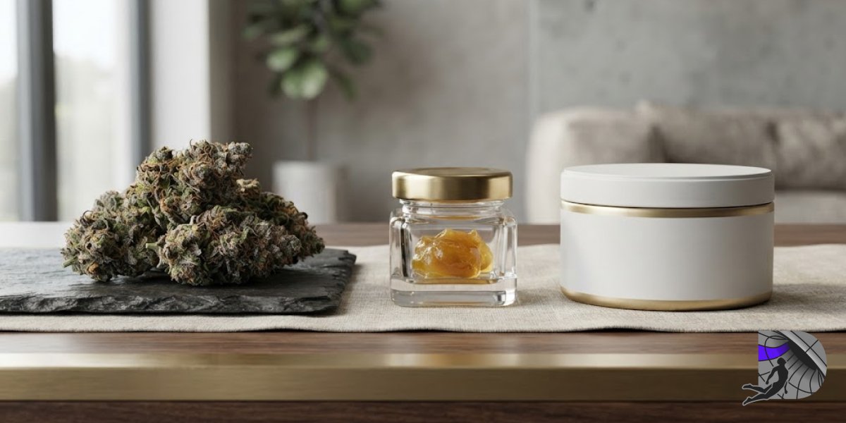 Cannabis buds and jar of concentrate on a table