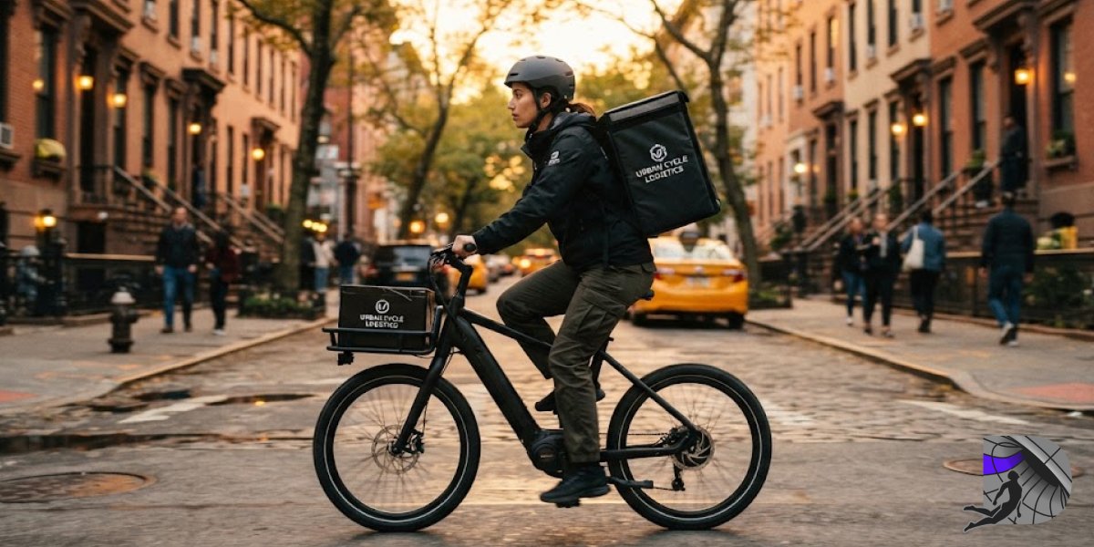 A CANNABIS delivery courier on an electric bicycle riding through a New York City street.