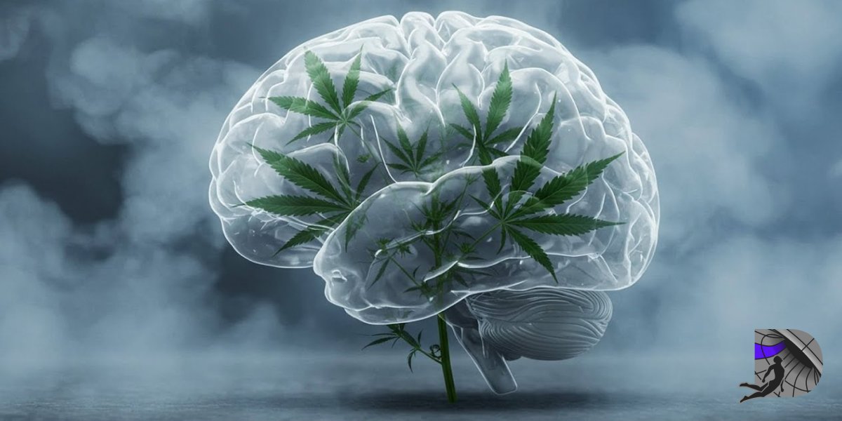 Conceptual art of a transparent human brain with a cannabis plant growing inside.