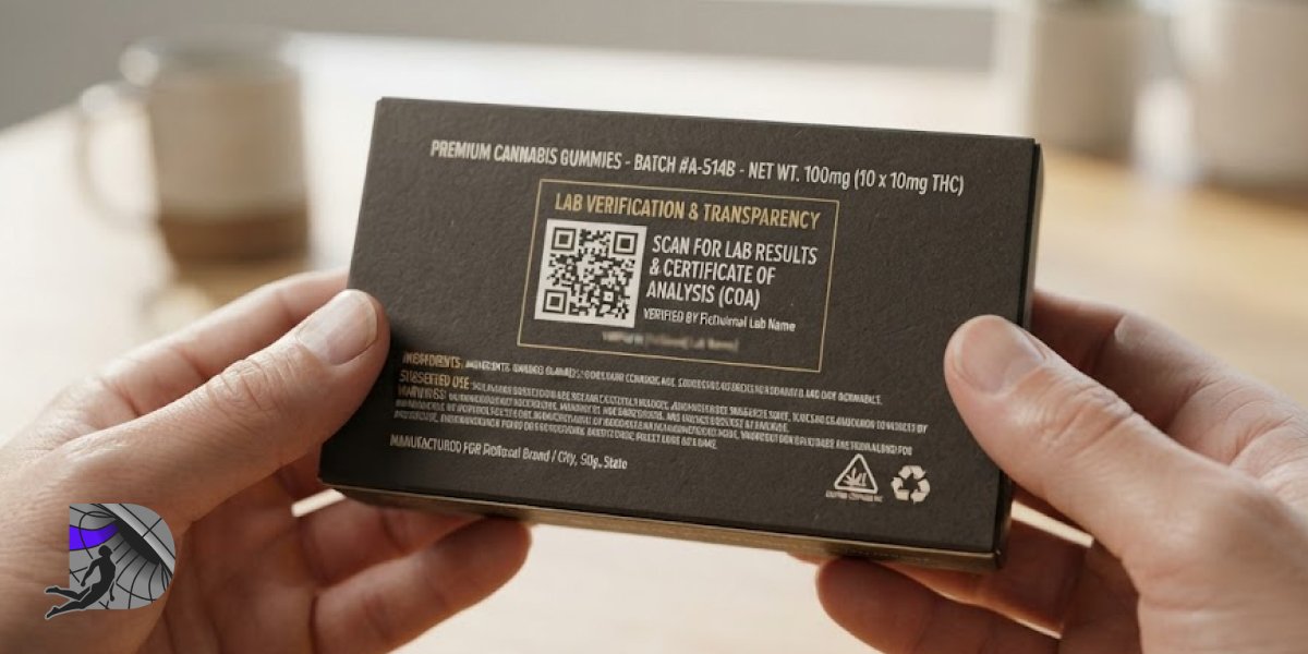 Close-up of hands holding a premium cannabis edible package showing a QR code for lab verification.