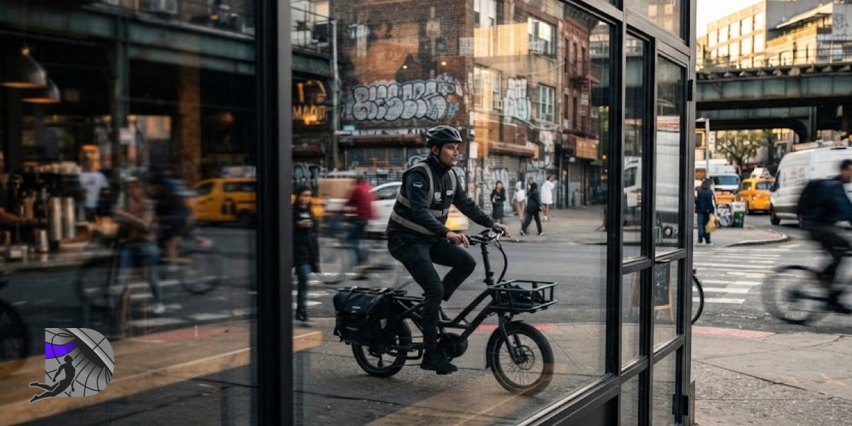 Reflection of a courier on an electric bike in a cafe window in East Williamsburg.