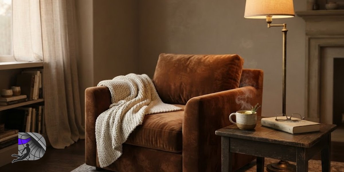 A cozy living room corner featuring a plush velvet armchair, a knitted throw, and a side table with tea and a book.