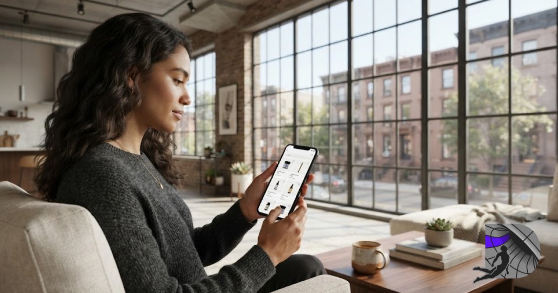 Woman browsing products on a smartphone inside a stylish Brooklyn loft near large windows