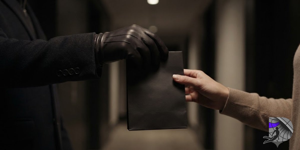 Close-up of a courier handing a sleek, unmarked black delivery bag to a client in a private hallway.