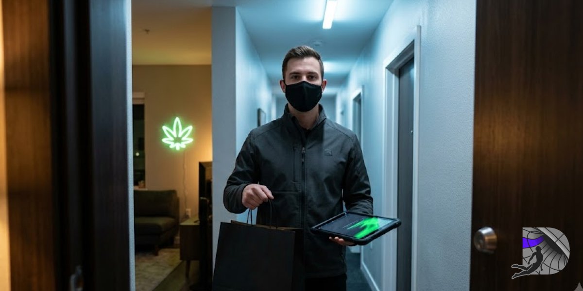 Courier wearing a mask holding a black delivery bag and digital tablet at an apartment door