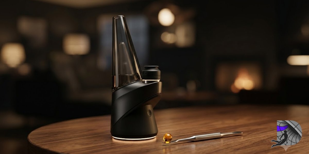 Modern electronic dab rig on a wooden table next to a dab tool holding cannabis extract.