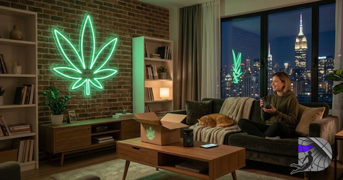 Woman relaxing on a sofa next to a delivery box and a glowing neon cannabis leaf with NYC skyline view