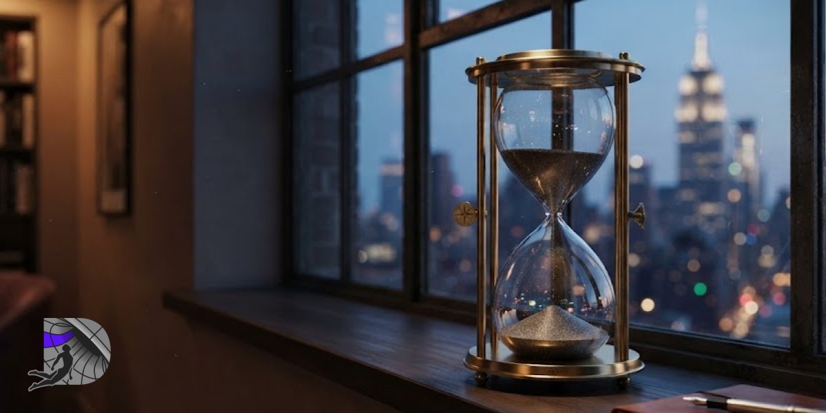 An elegant hourglass on a windowsill with a blurred view of the Manhattan skyline at twilight.