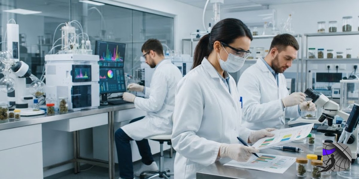 Scientists working in a modern cannabis laboratory to test product purity
