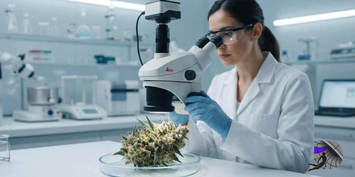 A scientist in a laboratory examining a cannabis flower under a microscope.