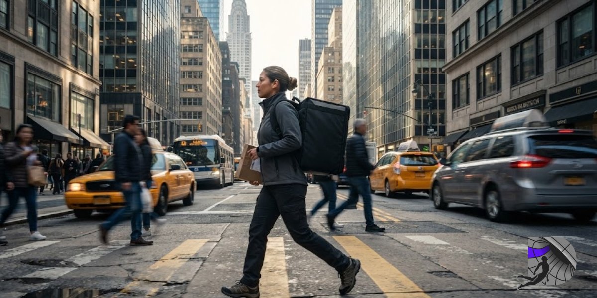 A professional delivery courier walking through a busy street in Midtown East Manhattan.