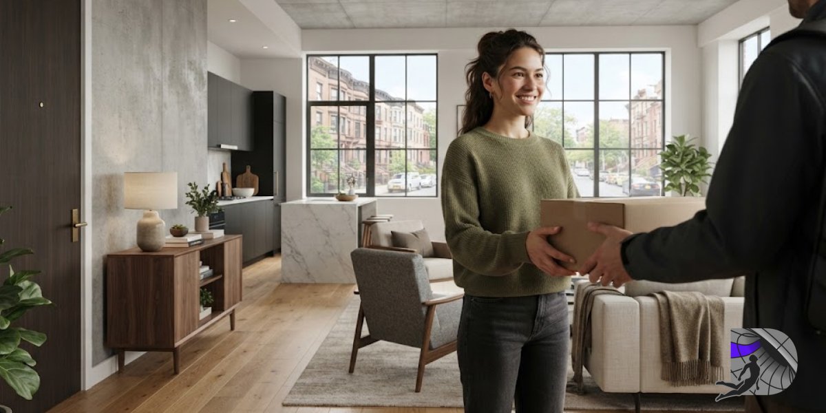 Young professional receiving a package at the entrance of a modern Brooklyn apartment